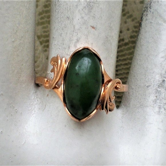 Vintage Russian Russia 14K 583 Rose Pink Gold Green Nephrite Jade Bypass Ring - Picture 5 of 9
